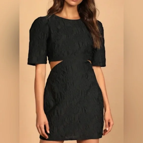Lulus Romantic Reunion Black Jacquard Cutout Mini Dress Size Large - Picture 9 of 9